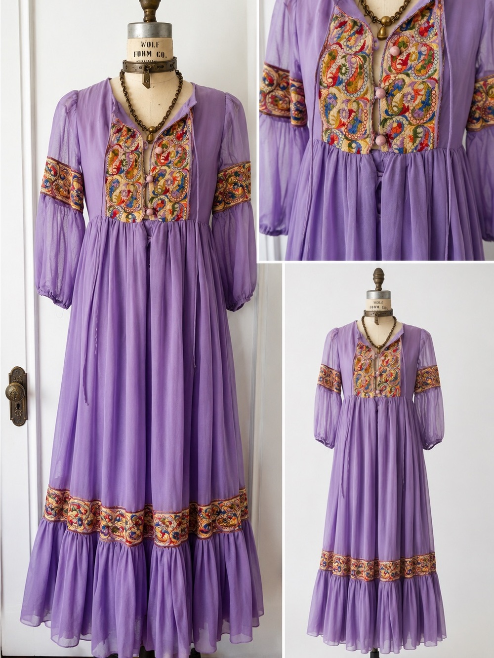 Vintage Bohemian Lavender Embroidered Maxi Dress